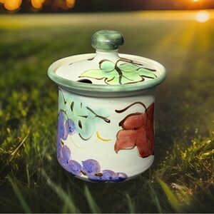 Clouds Folsom Pottery Hand Painted Ceramic Jam Honey Pot with Lid Grapes Leaves